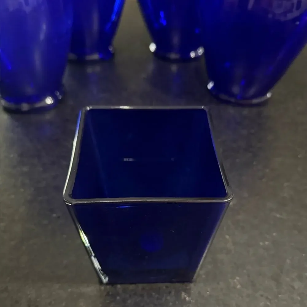 5 COBALT BLUE Glass Vase Set. 4-11” LARGE GLASS VASES & 1-5” Square Heavy Vase.